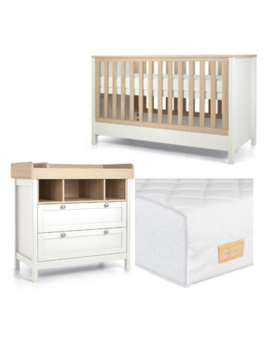 مجموعة هارويل مكوّنة من 3 قطع طقم سرير أطفال، خزانة تبديل، مراتب أساسية من الألياف - أبيض image number 1